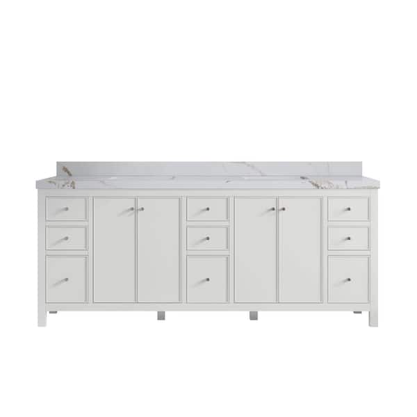Willow Collections Chicago 84 in. Double Sink Freestanding White Bath Vanity with Calacatta Gold Qt. Top Unassembled
