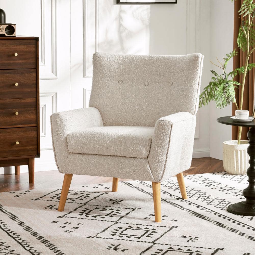Contemporary White Boucle Upholstered Club Chair with Natural Wood Legs