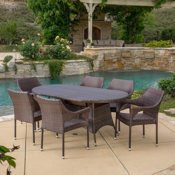 Noble House Jonathan Multi-Brown 7-Piece Faux Rattan Outdoor Patio Dining Set with Stacking Chairs