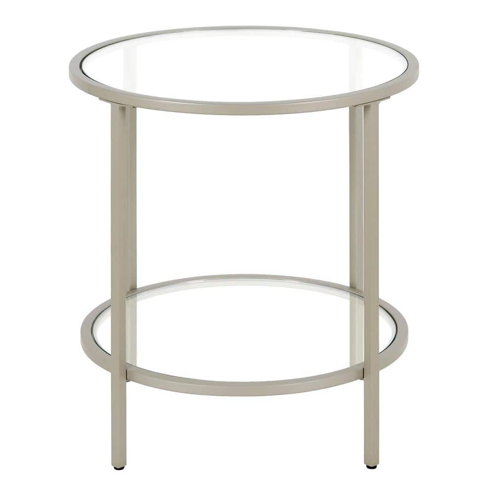 Satin Nickel 20" Round Metal & Glass Side Table with Shelf
