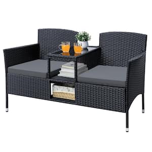 Black Wicker Outdoor Patio Loveseat with Battleship Gray Cushions and Center Storage Table