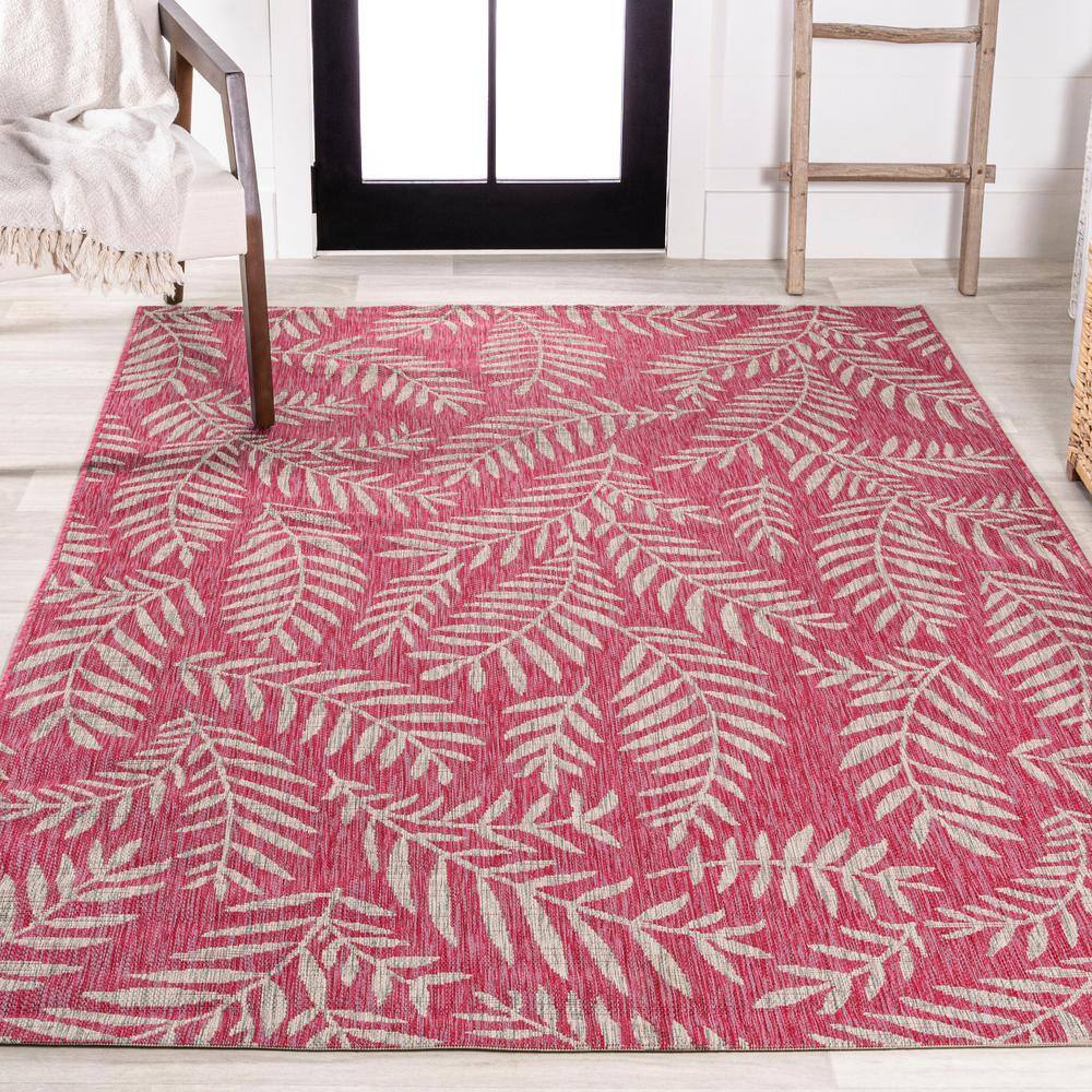 4' x 6' Fuchsia and Light Gray Synthetic Palm Frond Area Rug