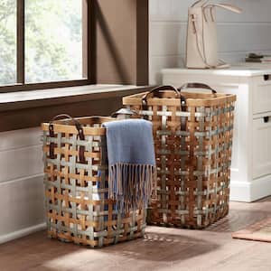 Square Galvanized Metal and Natural Bamboo Woven Decorative Basket with Handles (Set of 2)
