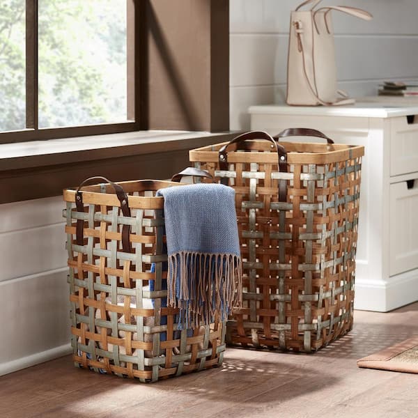 Home Decorators Collection Square Galvanized Metal and Natural Bamboo Woven Decorative Basket with Handles (Set of 2)