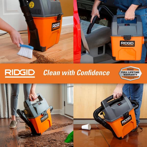 3 Gal. 3.5 Peak HP Handheld Shop Vacuum Wet Dry Vac with RIDGID SWEEP Dust Pan, Filter, Locking Hose and Car Nozzle