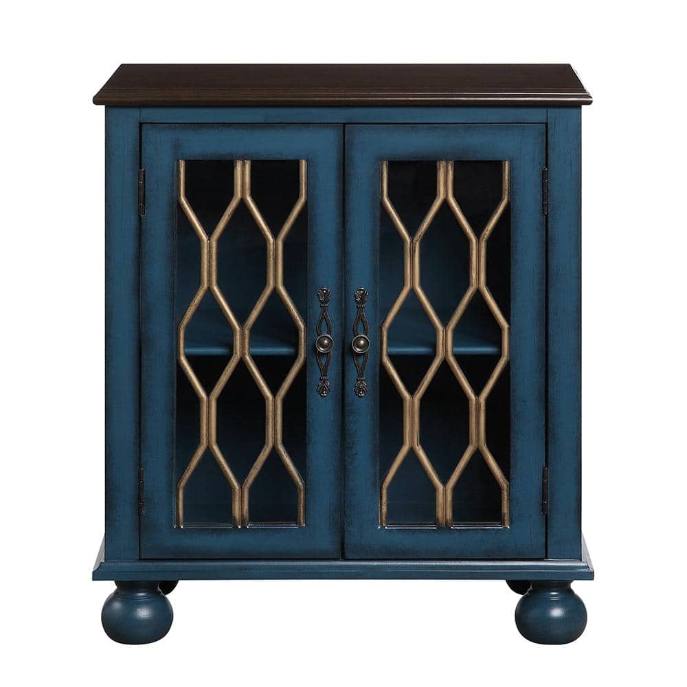 Antique Blue Wooden Console Table with Glass Accents and Storage