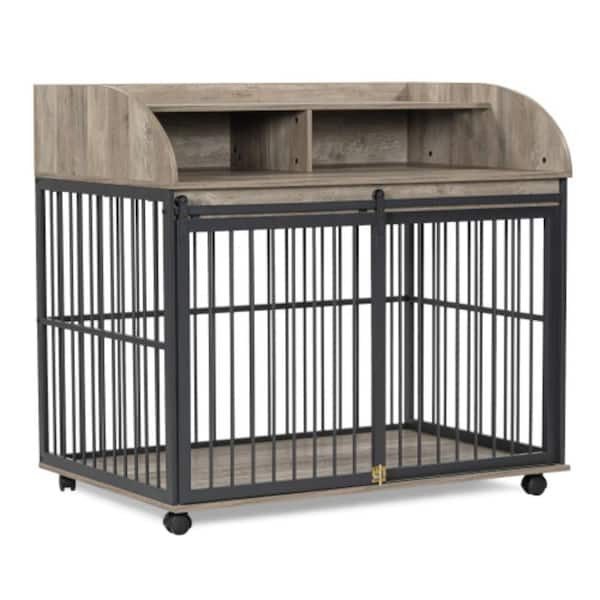 LSFA 44 in. Heavy Duty Large Dog Crate Furniture for Large Medium Dog with Lockable Wheels, Wooden Dog Crate Dog Kennel