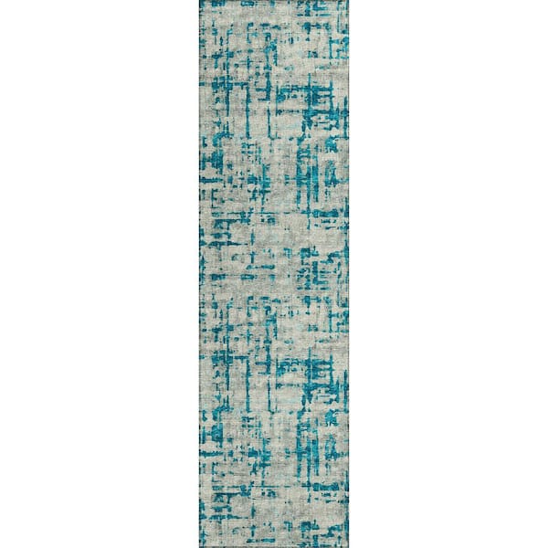 Bravado Blue 2 ft. 3 in. x 7 ft. 6 in. Geometric Indoor/Outdoor Washable Area Rug
