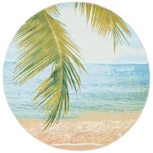 Barbados 5 ft. x 5 ft. Round Gold/Blue Seashore Palm Leaf Indoor/Outdoor Area Rug