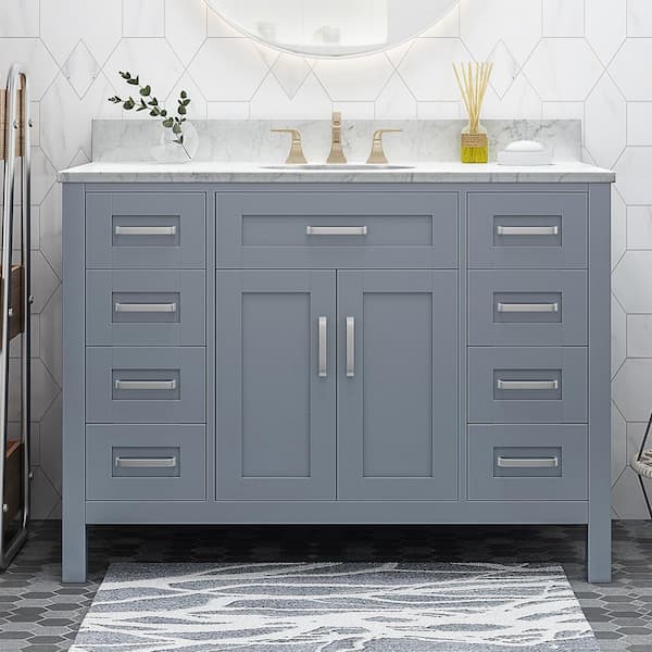 EPOWP 49 in. W x 22 in. D x 40 in. H Single Sink Freestanding Bath Vanity in Grey with White Marble Top and Storage Cabinet