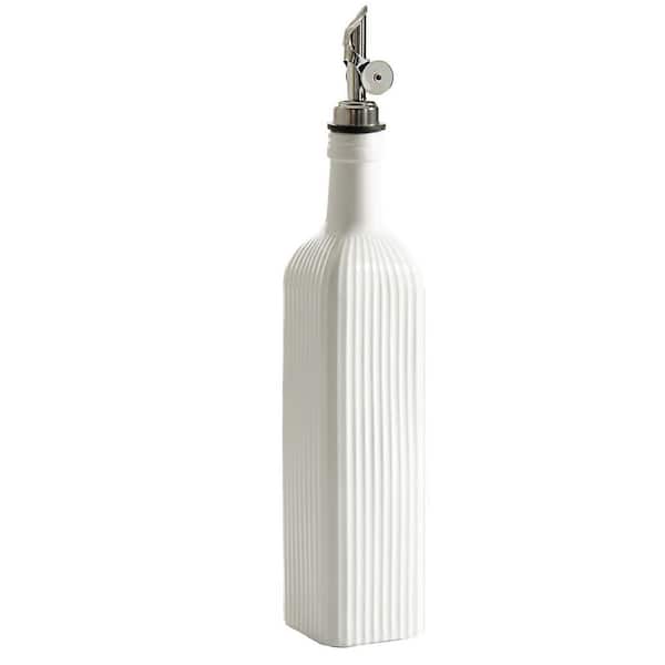 18 oz. Ceramic White Olive Oil Dispenser Bottle with Automatic Stainless Steel Pourer Ridged Grip for Kitchen
