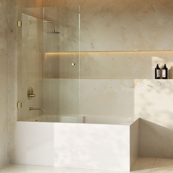 Voltaire 24 in. W x 58 in. H Frameless Pivot 3/8 in. 10 mm Ultra Clear Tempered Glass Tub Door W/ Gold Brushed Hardware