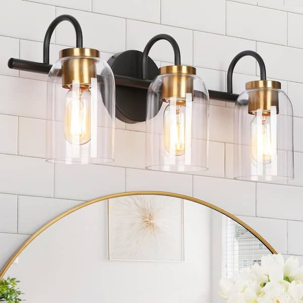 21 in. 3-Light Black Bathroom Vanity Light Modern Vintage DIY Brass Bath Light Clear Glass Farmhouse/Rustic Wall Sconce