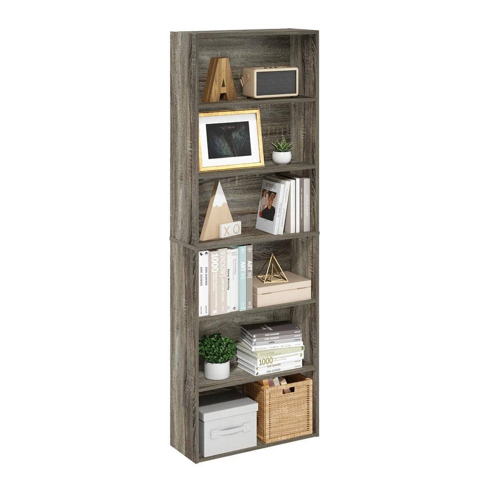 Tall Gray Laminated Wood Adjustable 6-Tier Bookcase