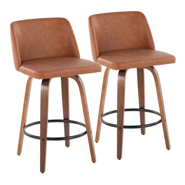 Toriano 35.25 in. Camel Faux Leather, Walnut Wood & Black Metal Fixed-Height Counter Stool (Set of 2)