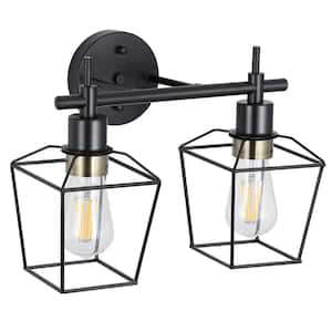 14.17 in. 2-Lights Black Vanity Light with Cage Shade