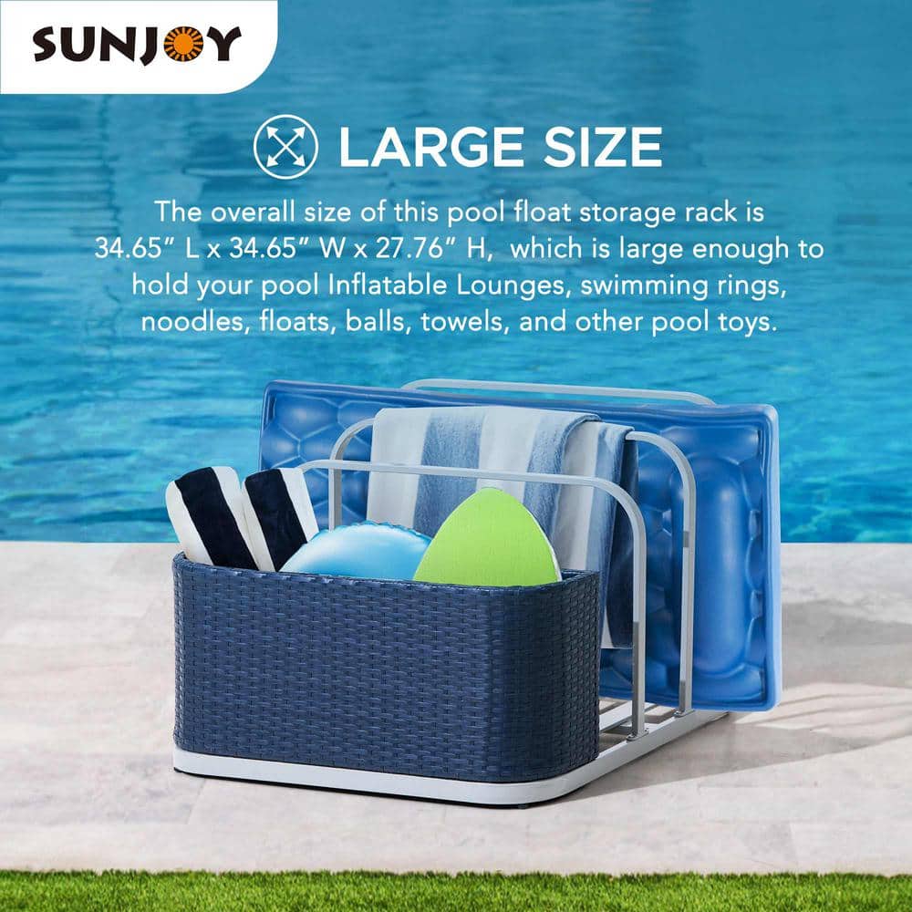 Navy Aluminum and Wicker Pool Float Storage Rack with Basket