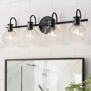 Modern Industrial 28.5 in. 4-Light Black Bath Vanity Light with Clear Globe Glass Shades Powder Room Wall Sconce
