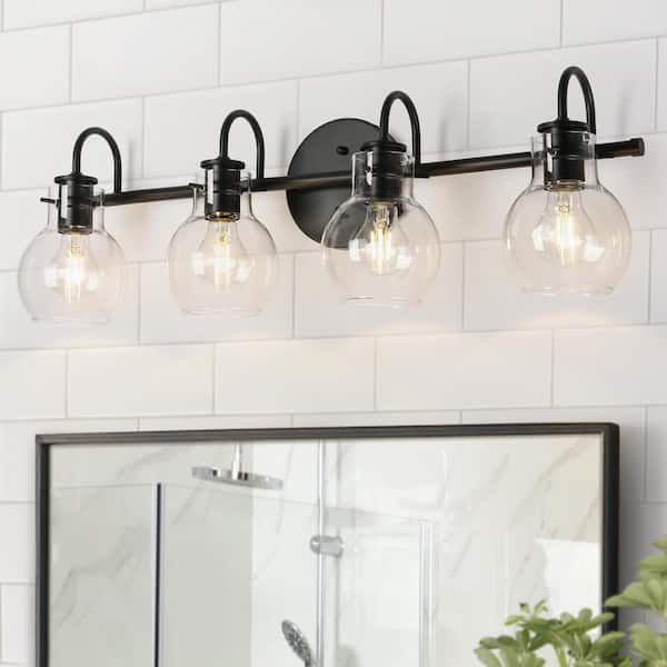 LNC Modern Industrial 28.5 in. 4-Light Black Bath Vanity Light with Clear Globe Glass Shades Powder Room Wall Sconce