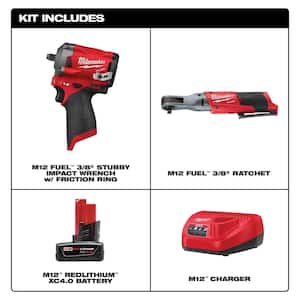 M12 FUEL 12V Lithium-Ion Brushless Cordless Stubby 3/8 in. Impact Wrench & 3/8 in. Ratchet Kit w/Battery & Charger