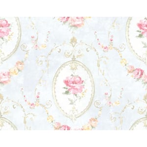 Medallion Flower Light Bleu and Rose Paper Non-Pasted Strippable Wallpaper Roll (Cover 60.75 sq. ft.)