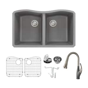 Aversa All-in-One Undermount Granite 32 in. Equal Double Bowl Kitchen Sink with Faucet in Grey
