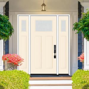 Legacy 64 in. x 80 in. 1/4 Toplite Rain Glass LHIS Primed Linen Finish Fiberglass Prehung Front Door w/Dbl 12 in. SL