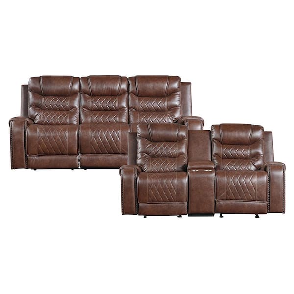 Bergen 86.5 in. W Straight Arm Faux Leather Rectangle 2-Piece Manual Reclining Sofa Set in. Brown