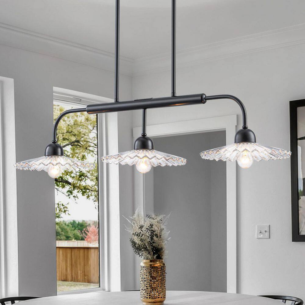 35.43 in. 3-Light Modern Matte Black Linear Pendant Light with Pleated Clear Glass Shades price history on PriceWatchPro