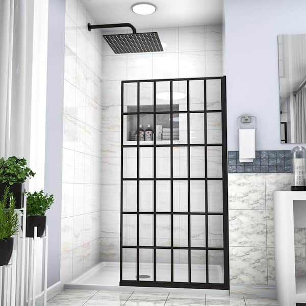 34 in. W x 72 in. H Fixed Semi-Frameless Shower Door in Matte Black Finish with Pattern Glass