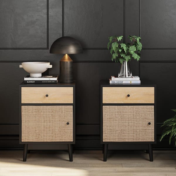 Nathan James Aaron Modern Desk with Storage, Natural Rattan Table with Square Webbing and Gold Accent Knobs, Natural Brown