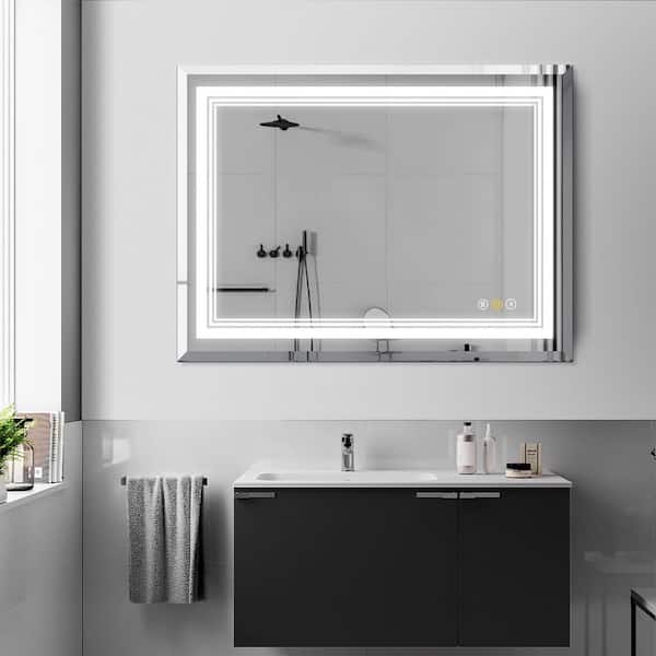 HBEZON RS 24 in. W x 32 in. H Rectangular Beveled Edge 3-Colors Dimmable LED Anti-Fog Memory Wall Mount Bathroom Vanity Mirror