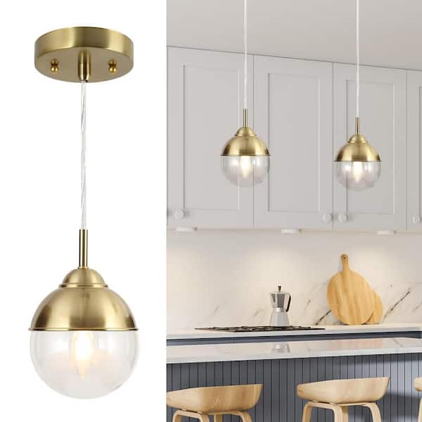 Zevni 6 in. 1-Light Brass-Plated Mini Pendant Light, Globe Clear Glass Pendant Hanging Light, Modern Light Fixture
