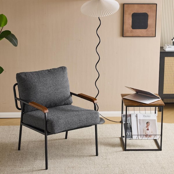 Karl home Gray Linen Arm Chair with Solid Wood Handrail