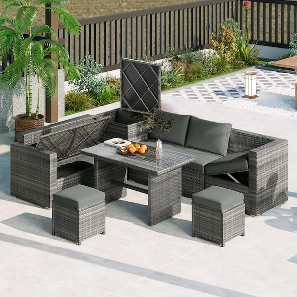Polibi 6-Piece Wicker Patio Conversation Sectional Seating Set with Gray Cushions, Table, Adjustable Seat and Storage Box