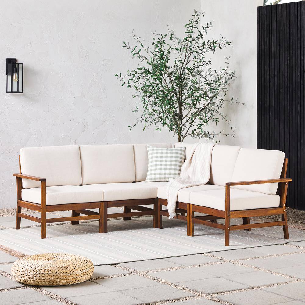 Modern Dark Brown 5-Piece Acacia Wood Outdoor Corner Sectional with Ivory Cushions