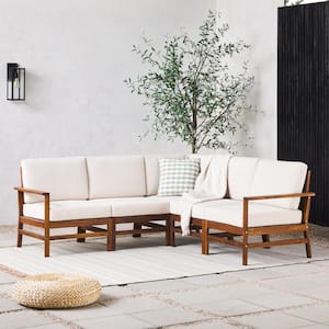 Modern Dark Brown 5-Piece Acacia Wood Outdoor Corner Sectional with Ivory Cushions