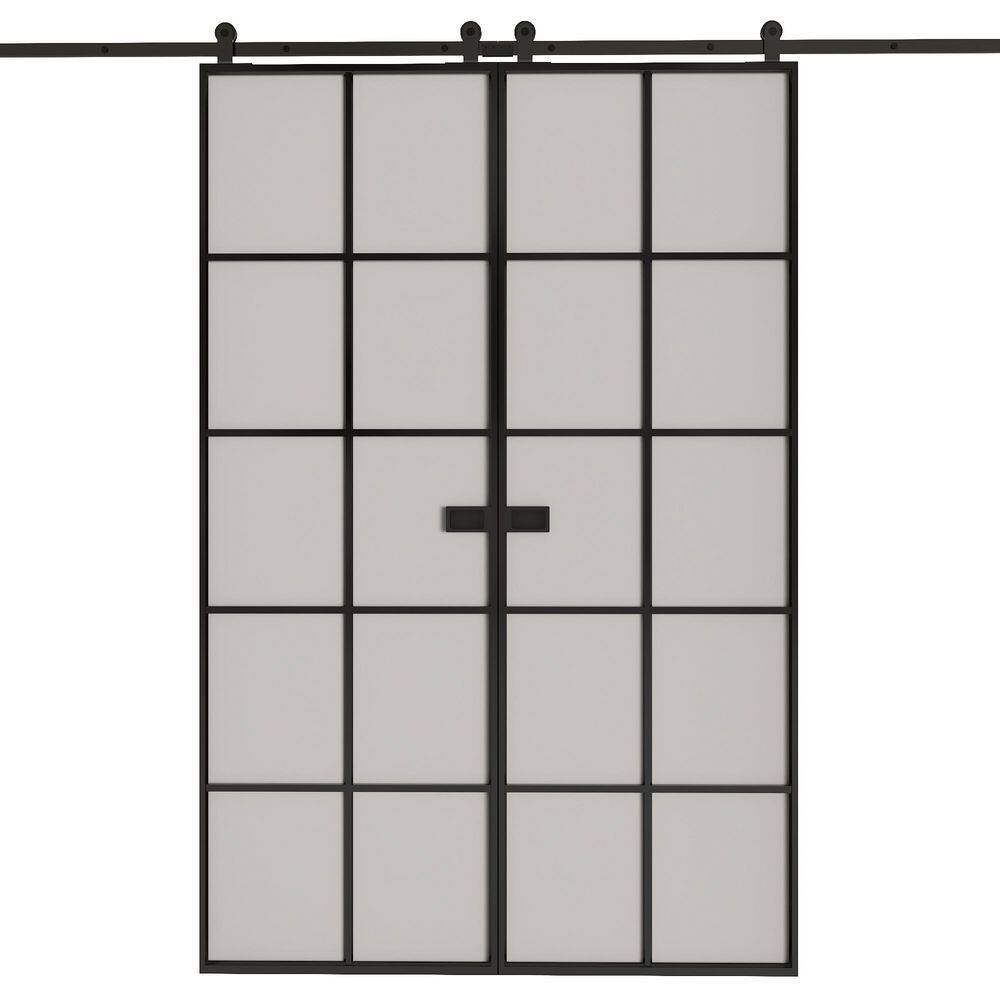 48 in. x 80 in. 10 Lite Frosted Glass No Assembly Required Black Aluminum Sliding Barn Door with Hardware Kit and Handle price history on PriceWatchPro