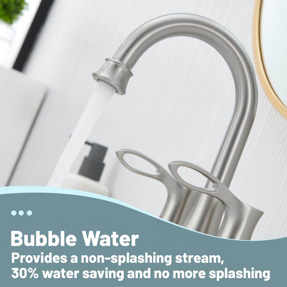 Brushed Nickel Dual Handle High Arc Bathroom Faucet with Metal Drain