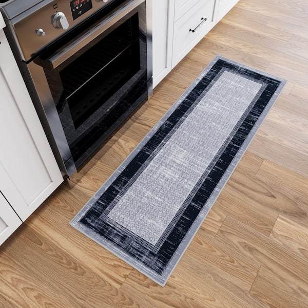 Ottohome Collection Gray/Navy 20 in. x 59 in. Modern Bordered Design Nylon Area Rug