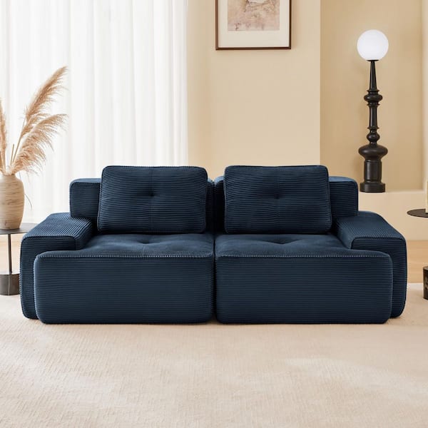 82 in. Modern Straight Arm Corduroy L-Shaped Modular Sectional Sofa 2-Seater Couch Pearl-Like Piping in Blue