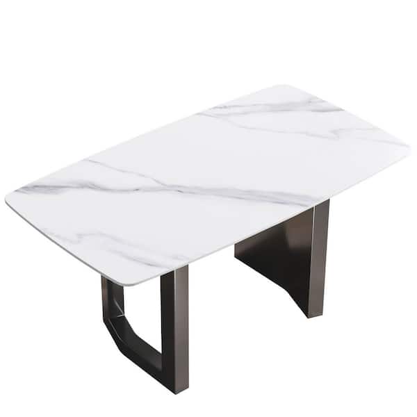 Magic Home 63 in. Round Edge Sintered Stone White Rectangle Top Double Pedestal 2-Grey Titanium Metal Base Dining Table (Seats-6)