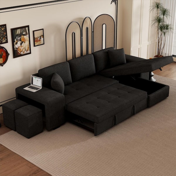 104.5 in. Modern 3 Seat Chenille L-Shape Sectional Sofa in Charcoal Grey with Storage Chaise and 2 Stools