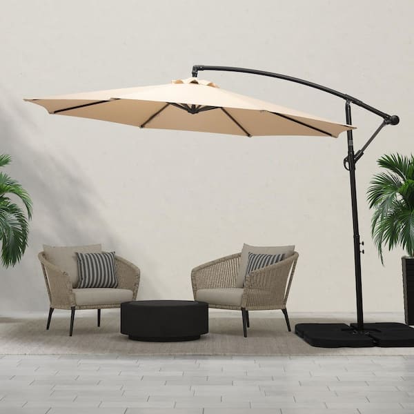 Bayshore Outdoor 10 ft. Hanging Offset Cantilever Patio Umbrella with Easy Crank Lift and Cross Base in Beige