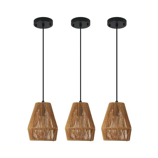 7 in. (Set of 3) Brown Rustic Hemp Rope Pendant Light, Handcrafted Farmhouse Hanging Light, Adjustable Height, No Bulb