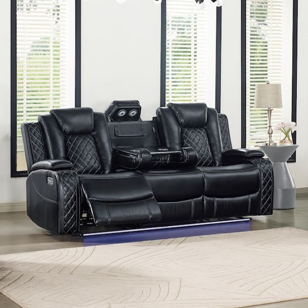 NEW CLASSIC HOME FURNISHINGS New Classic Furniture Orion II 84.5 in. Pillow Top Arm Faux Leather Rectangle Power Footrest and Headrest Sofa in Black