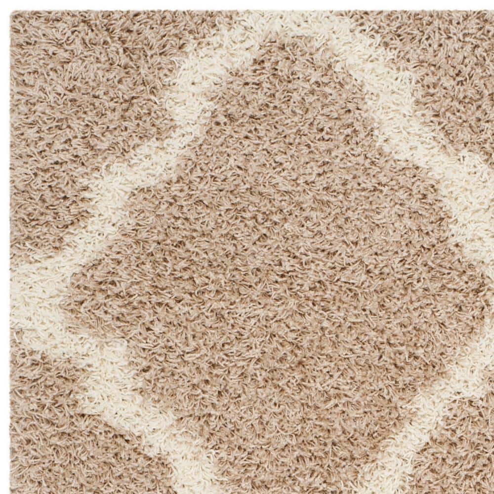 Beige and Ivory Geometric Shag Area Rug, 6' x 9'