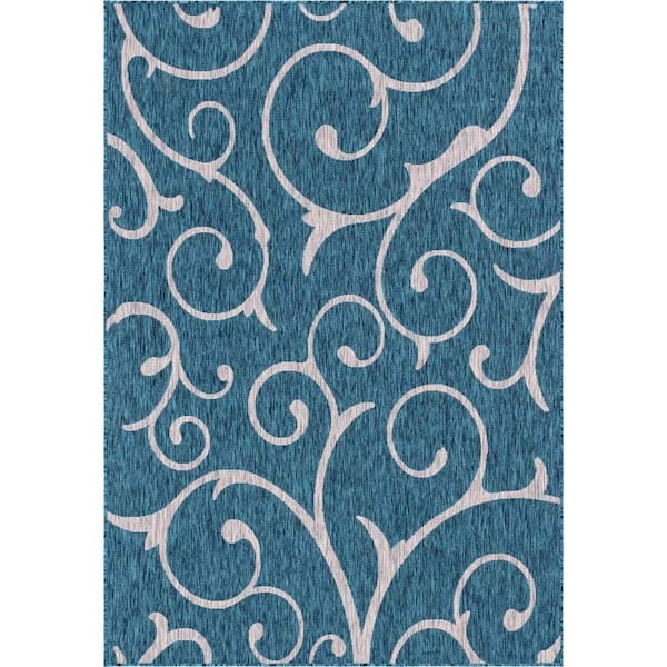 Unique Loom Outdoor Curl Teal Blue 6 ft. x 9 ft. Area Rug