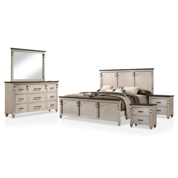 Furniture of America Brekken 5-Piece Antique White and Walnut California King Bedroom Set