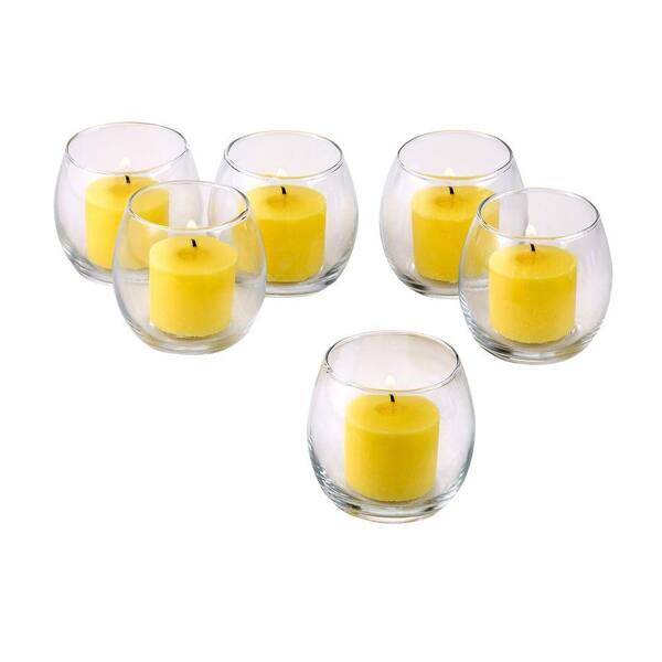 Light In The Dark Clear Glass Hurricane Votive Candle Holders with Yellow Votive Candles (Set of 36)